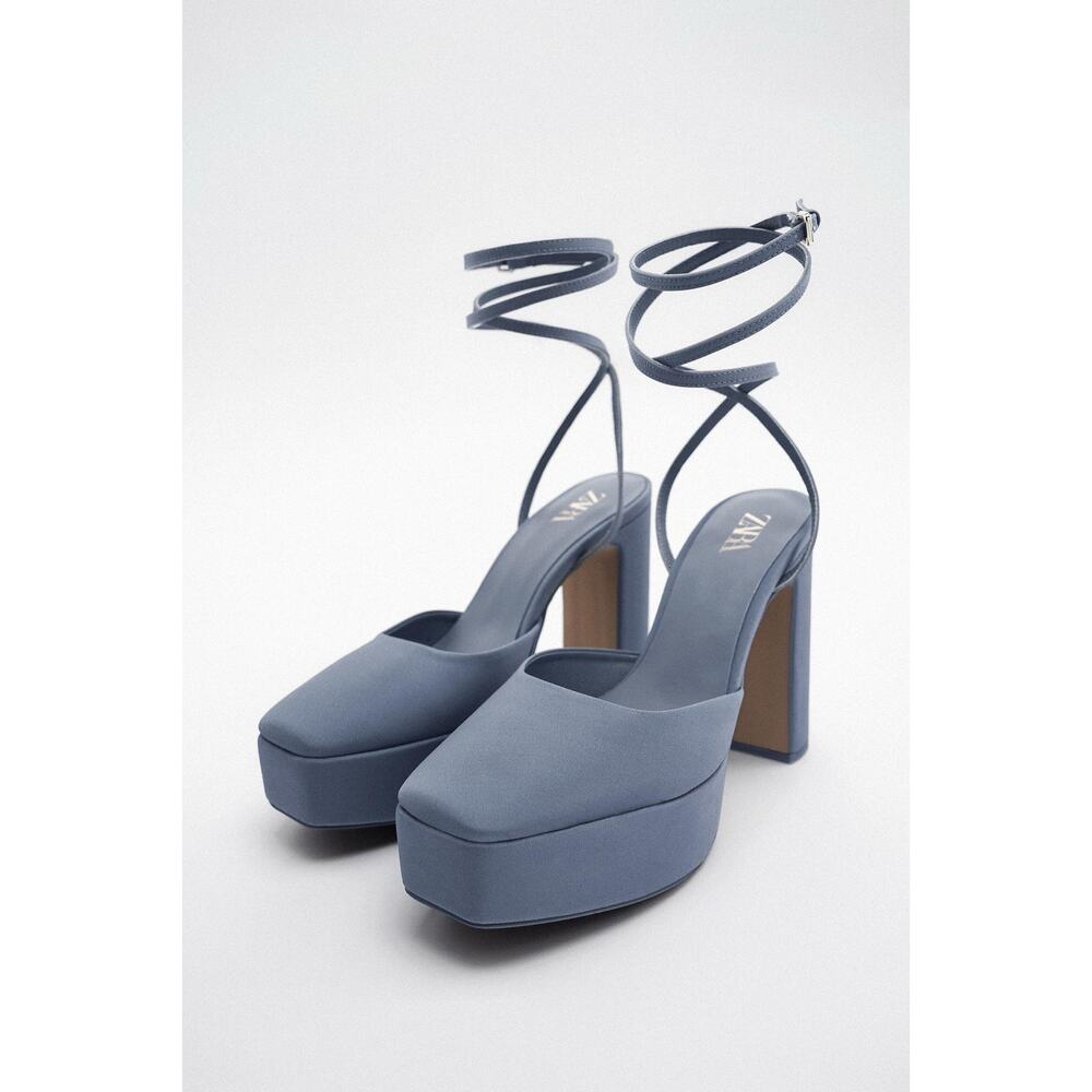 ZARA Chunky Heeled Platform Shoes Size 40 Blue Satin EUC $129 MSRP Square Toe - Picture 13 of 13